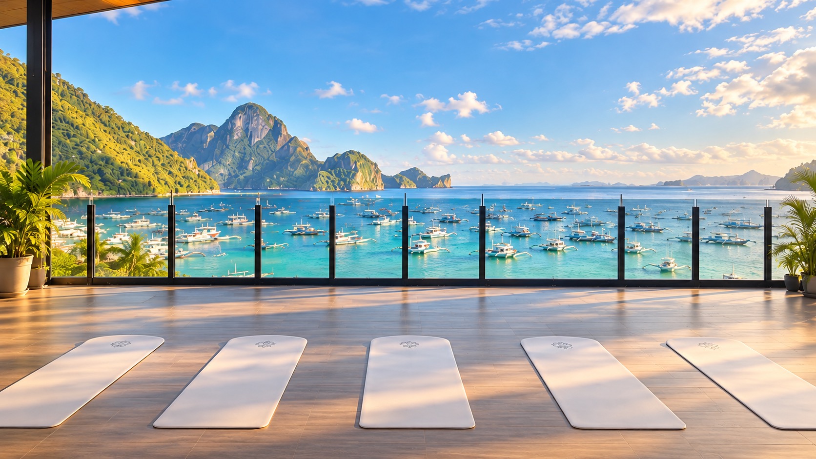 Rooftop yoga setup overlooking El Nido Bay