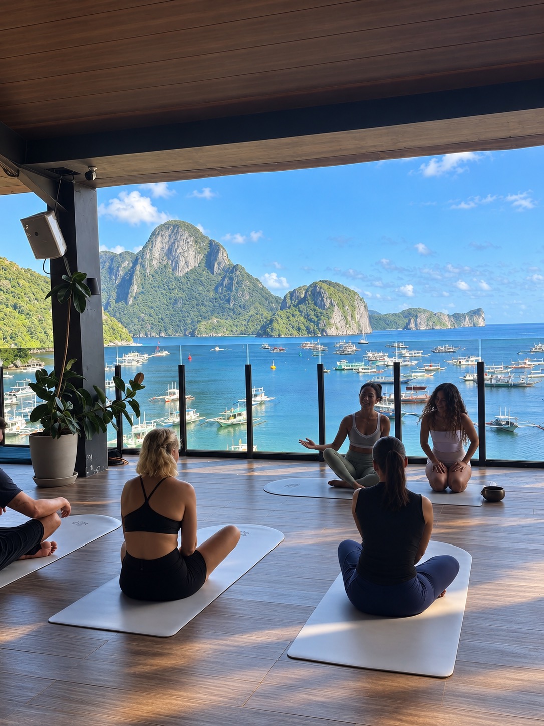 Guests practicing yoga on the H Hotel Rooftop at sunrise